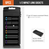 A black storage rack holds six 1/2 inch impact long sockets with various sizes and lengths.