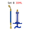 Set B 30ML precision oil and dye injector kit for HVAC systems featuring a glass syringe and brass nozzle.