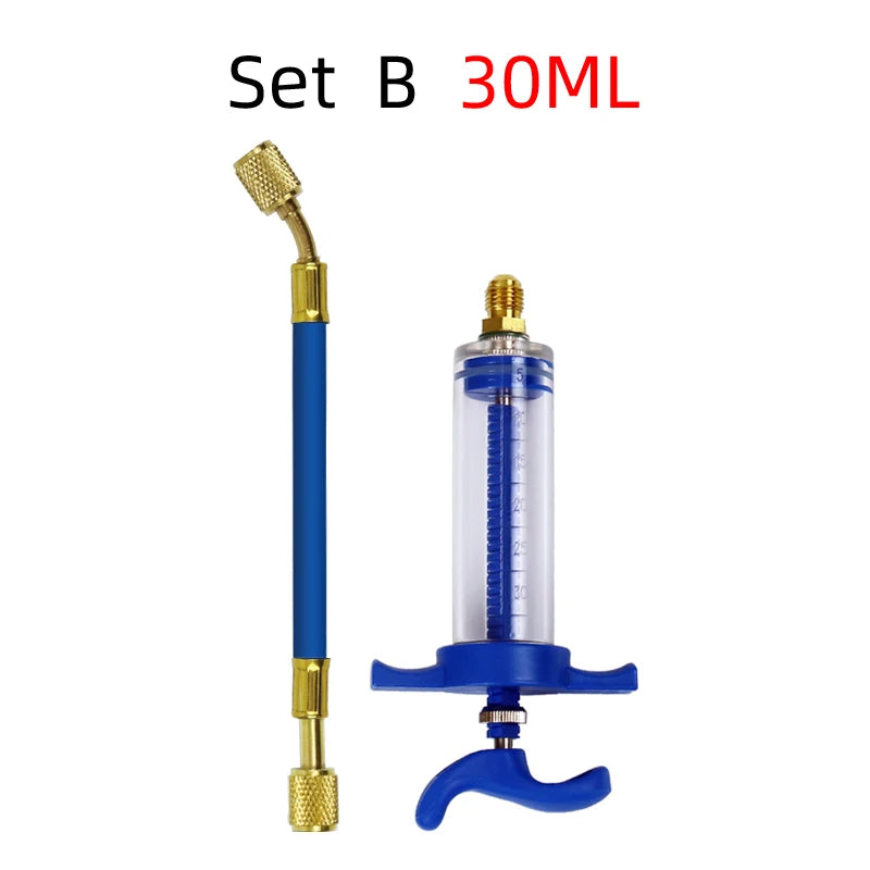 Set B 30ML precision oil and dye injector kit for HVAC systems featuring a glass syringe and brass nozzle.