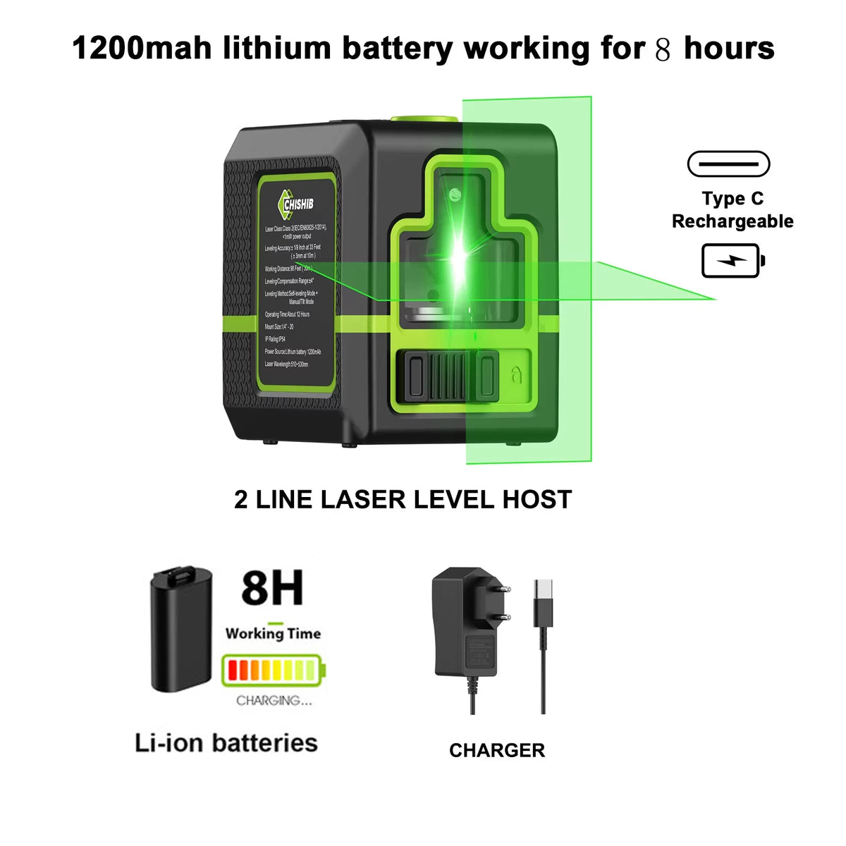 A black professional 2-line laser level host with a green light, showing battery and charging information.