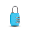 A bright blue luggage lock with a silver shackle and a combination dial.