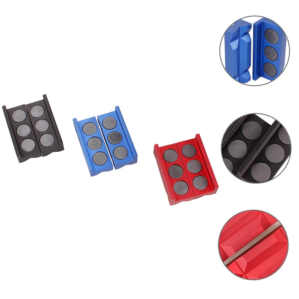 Set of aluminum magnetic vise jaw inserts in blue, gray, and red colors for fitting protection