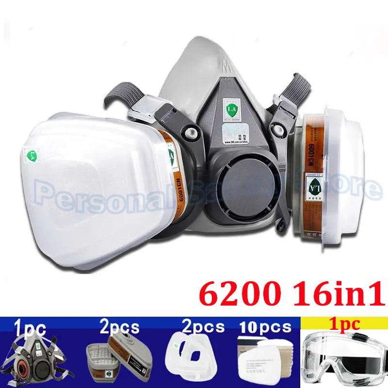 A set of half-face respirator and safety goggles for painting and work, shown with individual pieces.