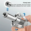 A hand is operating a silver high-pressure grease gun, demonstrating how to firmly lock and release the nozzle.