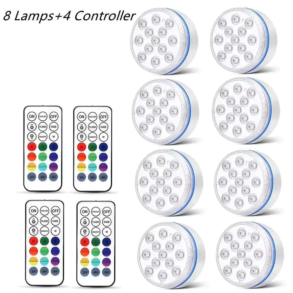 Huit lumières LED submersible pour piscine sous-marine et quatre télécommandes pour éclairage sous-marin.
