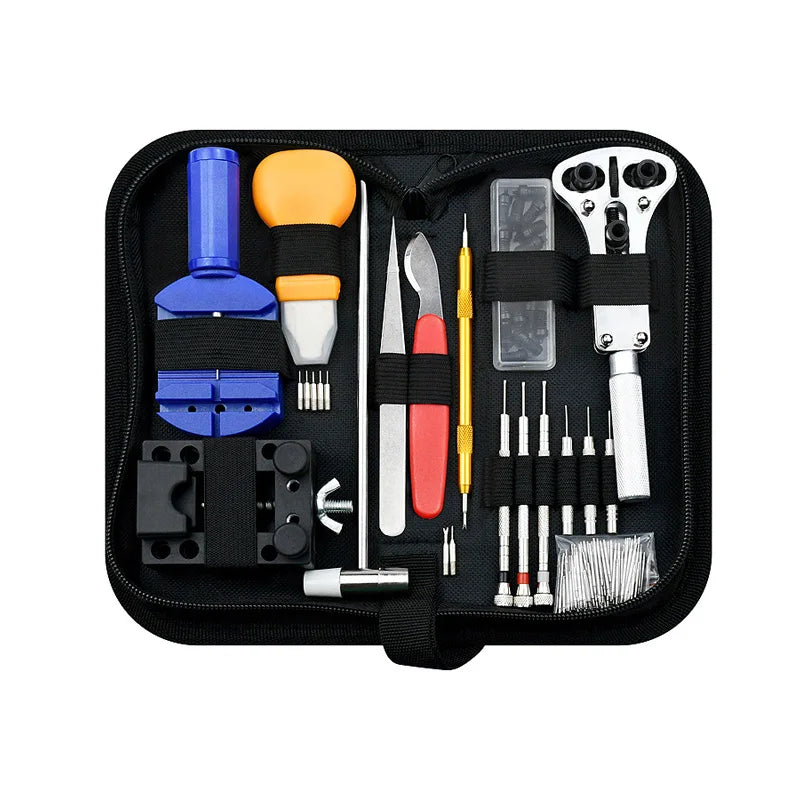 A black professional watch repair tool kit containing various precision tools and instruments.