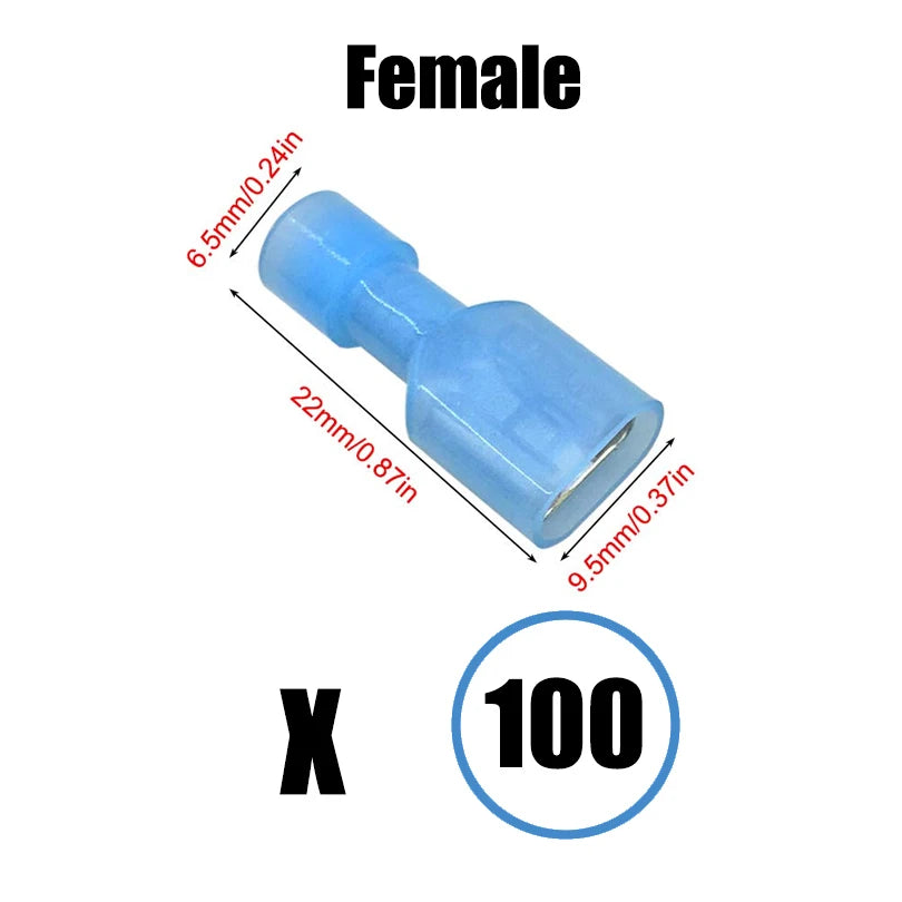 A female insulated crimp terminal in light blue plastic with dimensions 6.5mm to 9.5mm and a quantity of 100.
