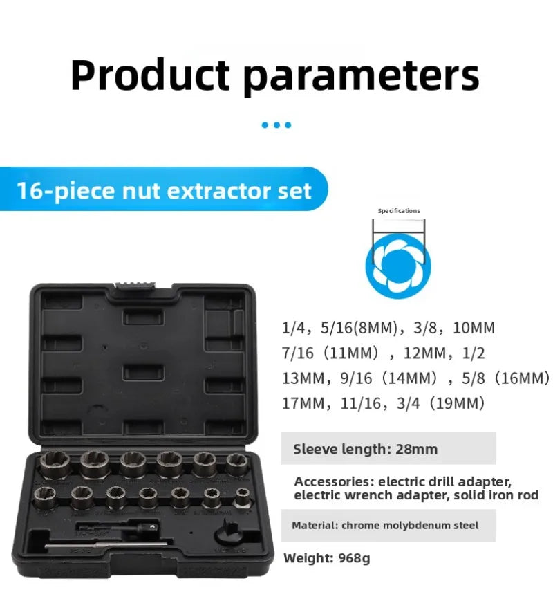 A black 16-piece nut extractor set with various sized bits and a sleeve for drilling.