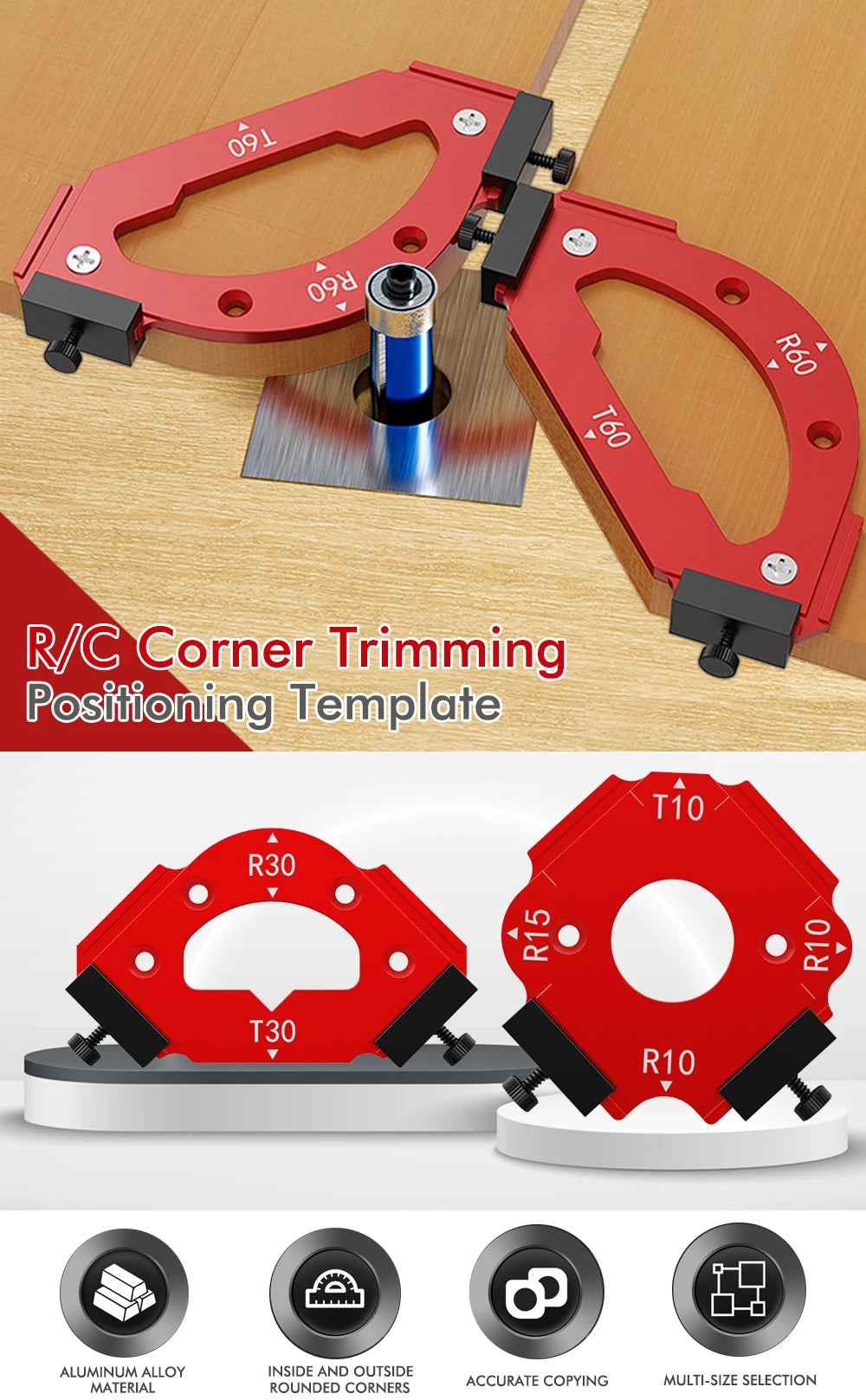 R/C Corner Trimming Positioning Template showing various radius sizes and cutting guides for woodworking