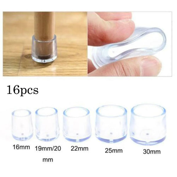 Un juego de protectores de pies para patas de muebles de plástico transparente en varios diámetros, mostrados junto a una man