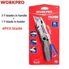Red packaging for a WorkPro folding utility knife with three blades in the handle and one blade in a holder.