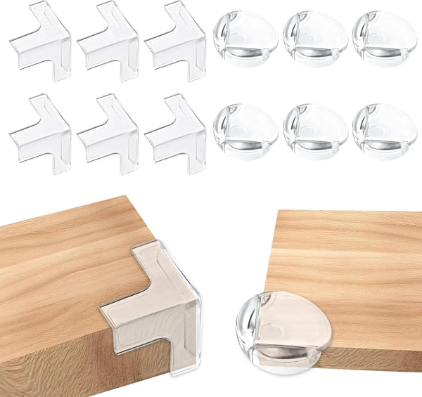 Clear silicone corner edge protectors for baby safety shown in various shapes and sizes on a wooden surface