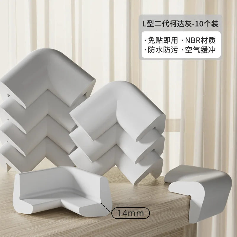 A set of ten L-shaped baby safety corner and table edge guards made of durable NBR material for protection.