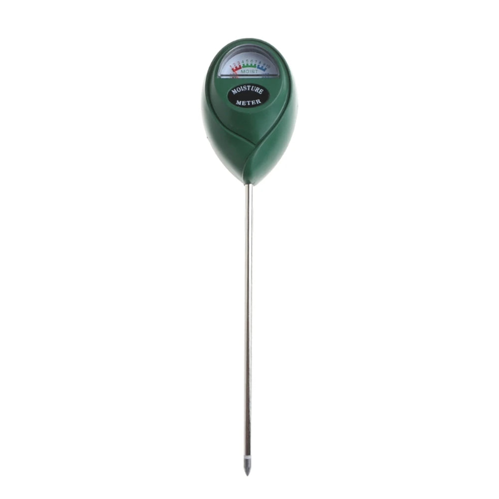 A green digital soil moisture meter with a long probe for measuring plant water content.
