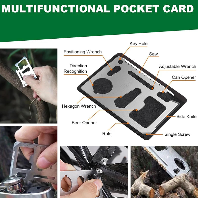 A multifunctional pocket card showing various tools like a positioning wrench, saw, can opener, and knife.