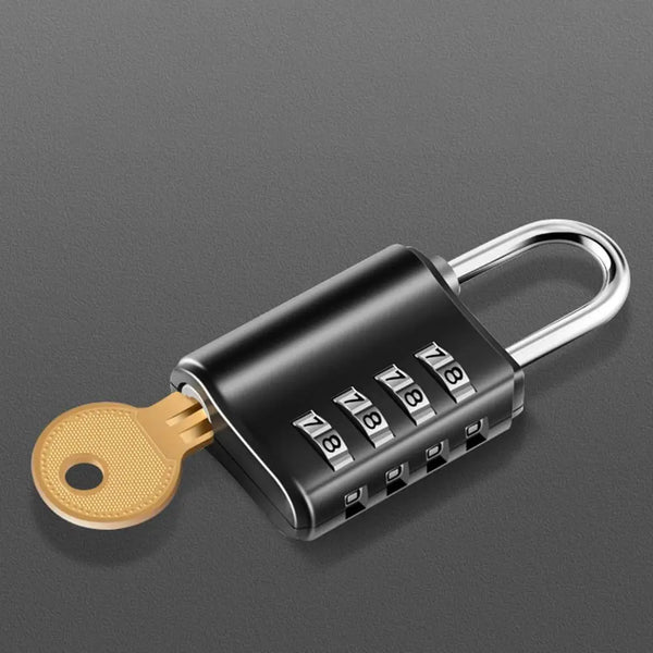 A close-up view of a black heavy duty combination lock with a silver shackle and numbered dials.