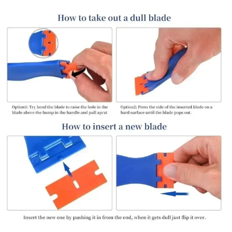 Instructions showing how to remove a dull blade and insert a new one for a precision glass scraper tool