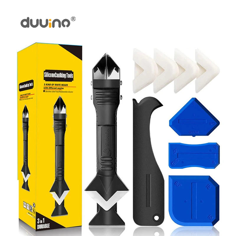 A yellow box showing a 5-in-1 silicone caulk removal tool kit with various silicone knife heads.