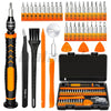 A collection of precision screwdrivers and tools for electronics repair, including various sizes and tips, displayed in an op