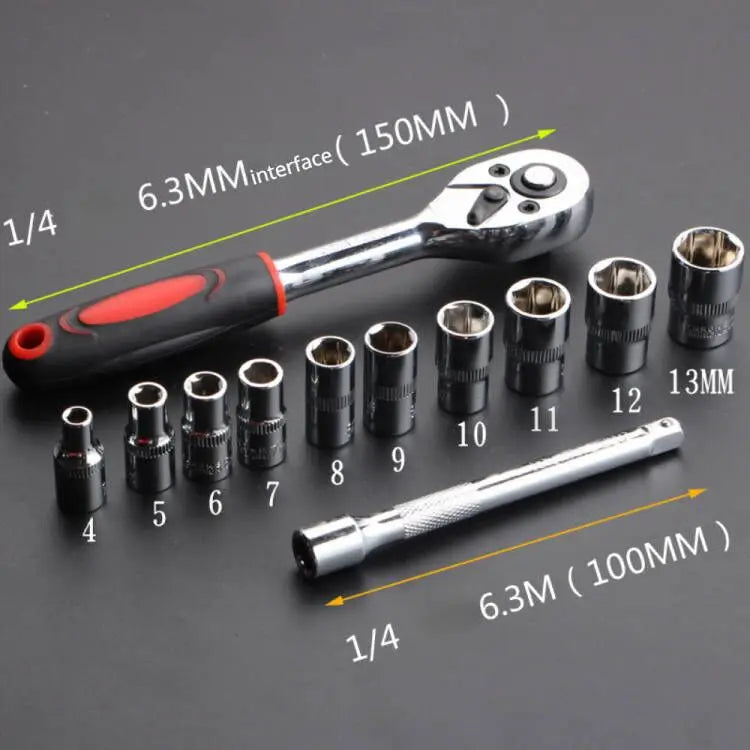 A set of 12 chrome-plated socket wrenches and a long 6.3mm wrench are displayed on a dark surface.