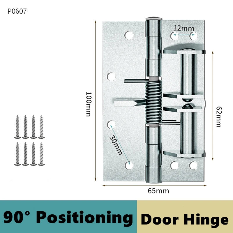 A silver 90 degree positioning door hinge with adjustable mounting and a sliding mechanism.