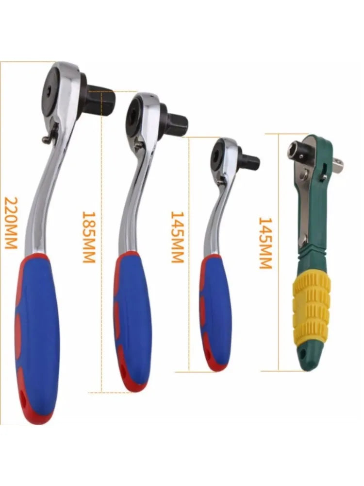 A set of four adjustable ratchet wrenches in silver, blue, and green with various lengths.