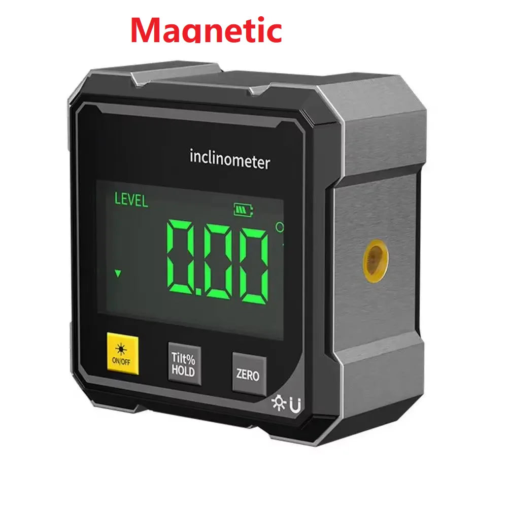 A black magnetic inclinometer device with a digital display showing 0.00 degrees.