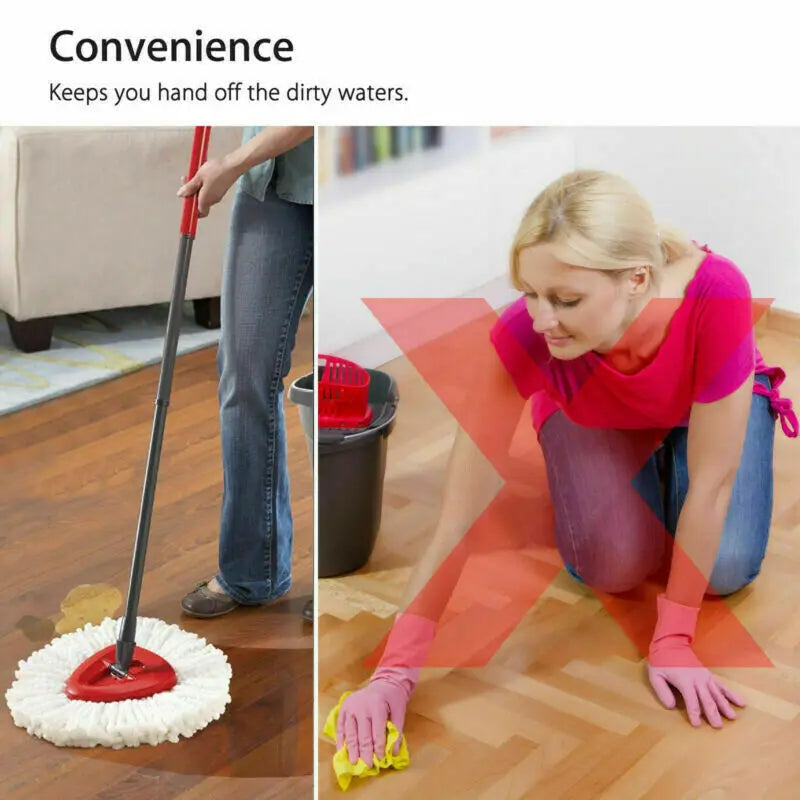 A woman mops a floor with a red microfiber mop and yellow cleaning cloths.