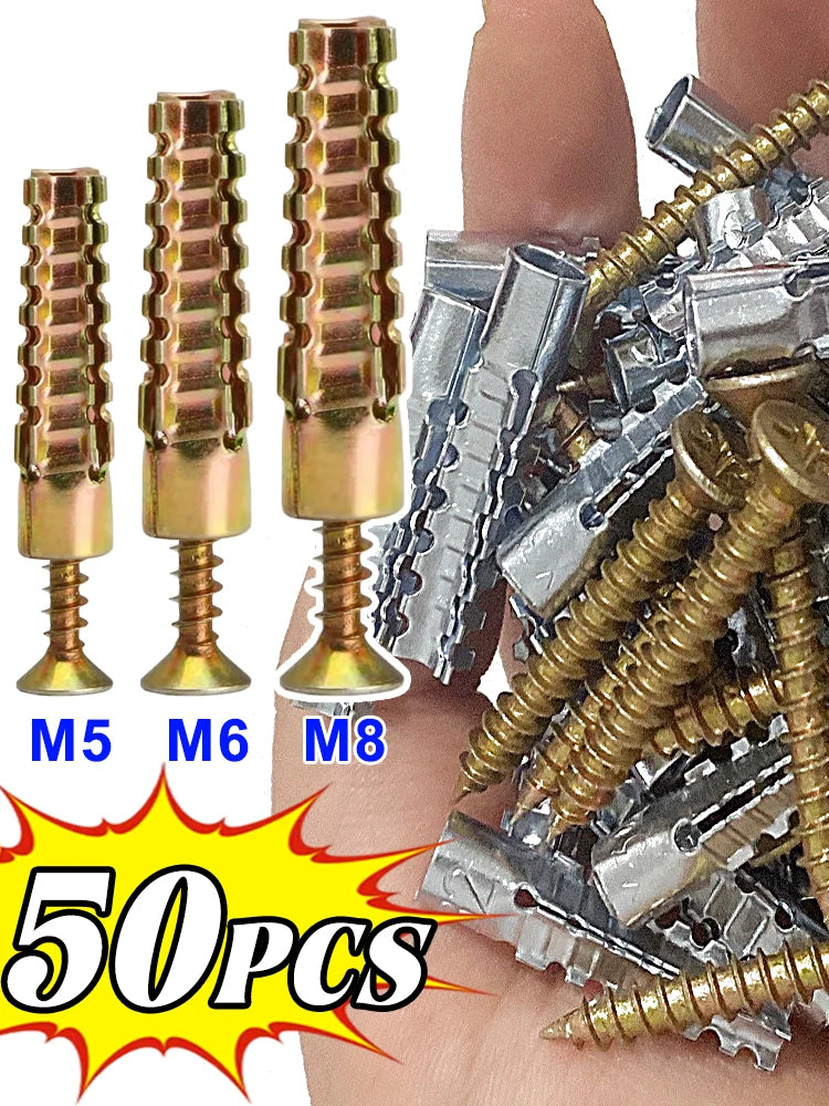 Collection d'ancrages et vis d'épingle en acier M5, M6 et M8, montrés à côté d'une main.
