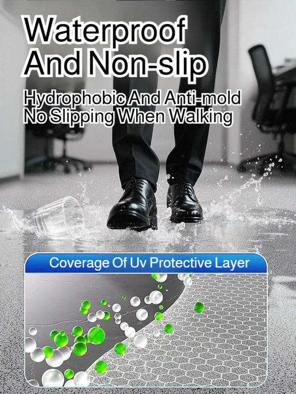 Una persona con zapatos negros camina sobre un suelo con una capa protectora de material bloqueador de rayos UV.