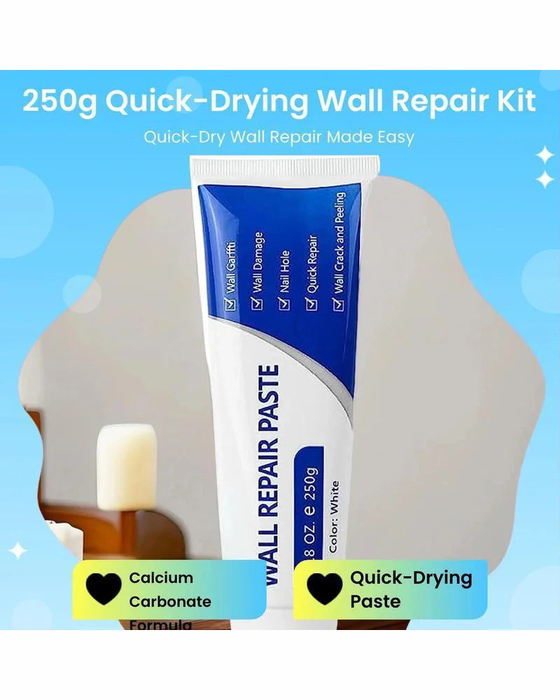 A white tube of 250g Quick-Drying Wall Repair Paste kit with labels indicating uses for wall damage, nail holes, and peeling.