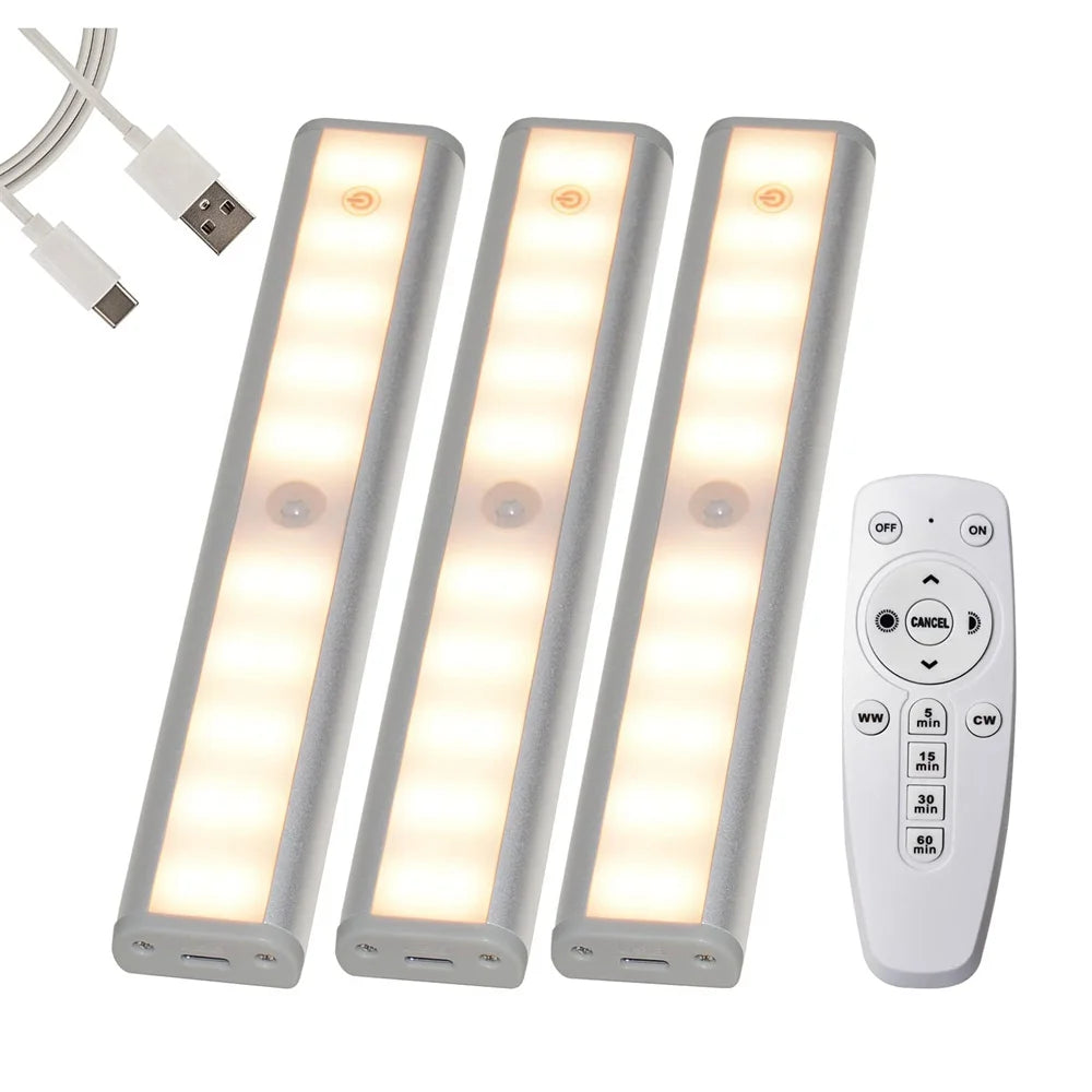 Three long LED light bars with remote controls and wiring are shown.