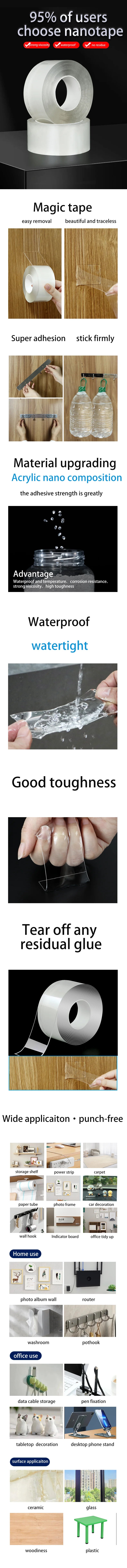 Roll of heavy duty double-sided reusable adhesive tape shown on a wooden surface.
