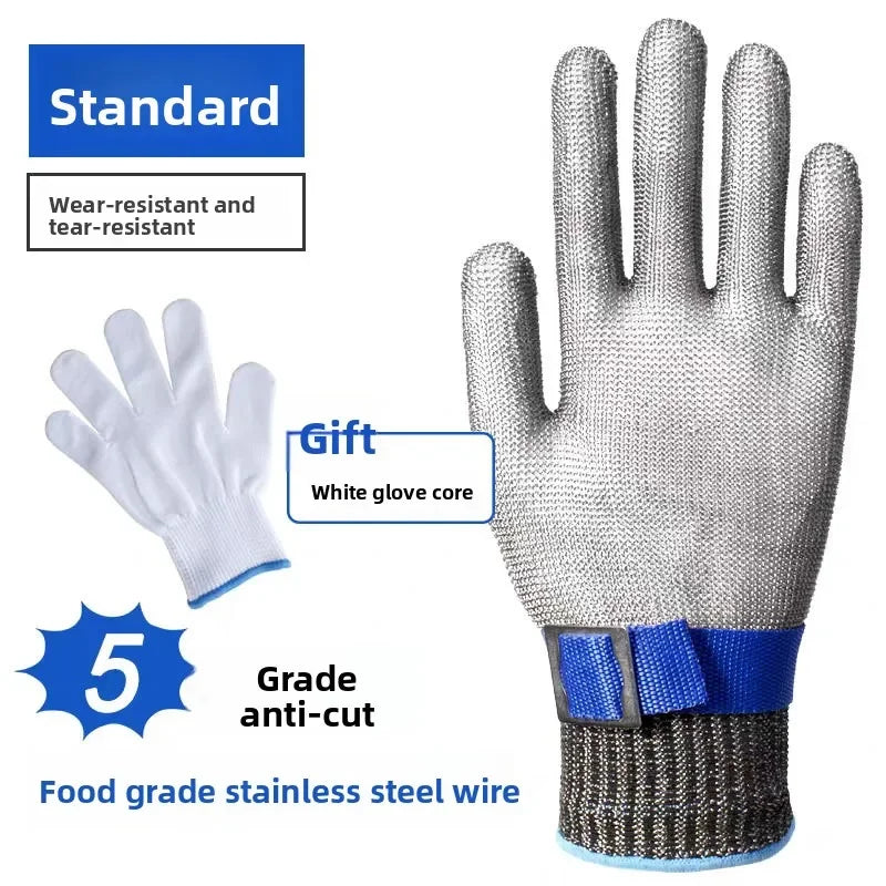 A pair of stainless steel anti-cut safety gloves shown with a standard and gift option, highlighting their durability.