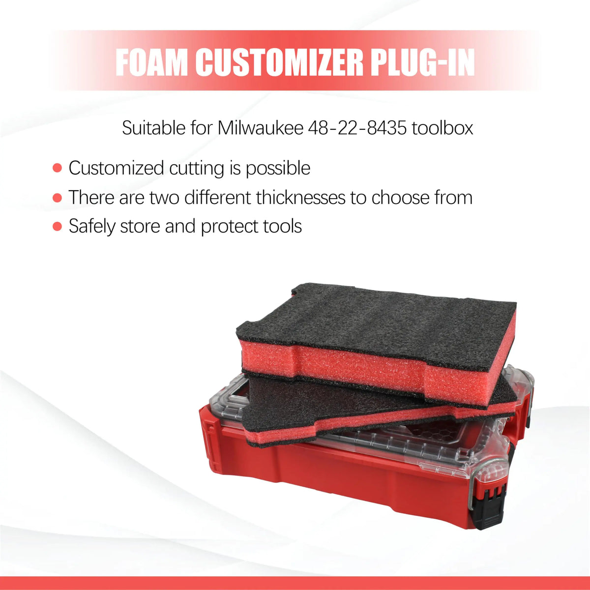 A red foam customizer plug-in insert for Milwaukee toolboxes, showing two different thicknesses.