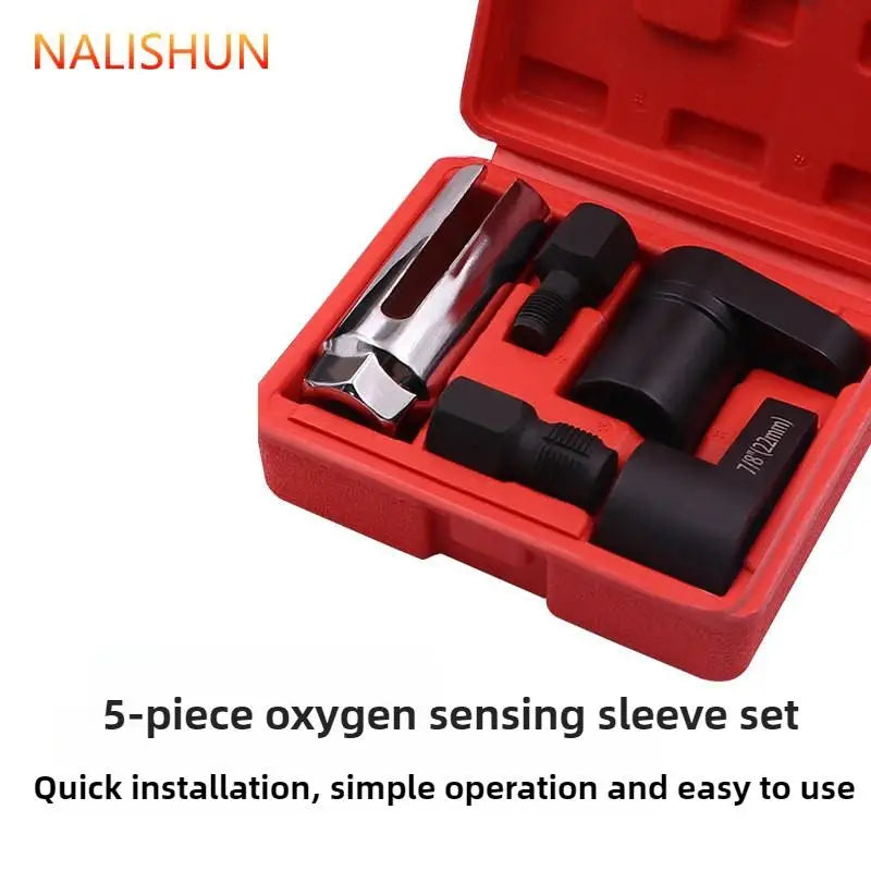 A red box containing a 5-piece oxygen sensing sleeve set for professional sensor removal and installation.