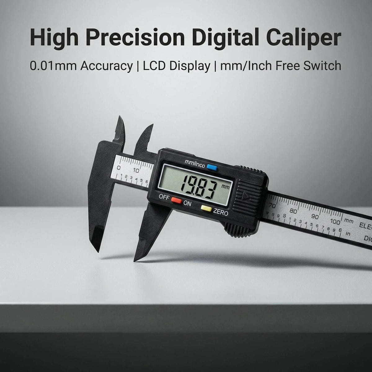 A black digital caliper is shown measuring a scale, demonstrating high precision measurement capabilities.