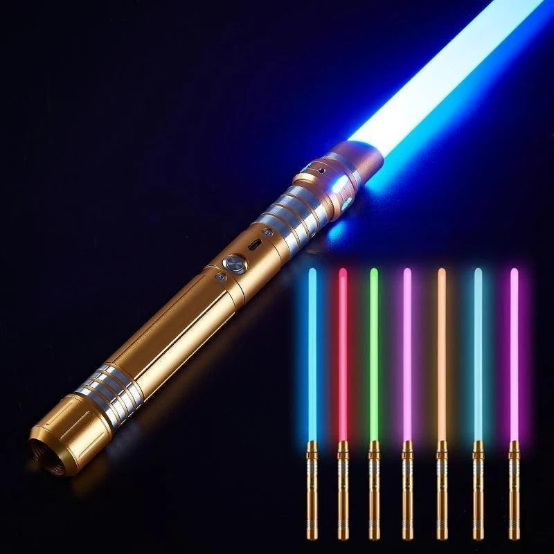 A golden lightsaber with a blue laser blade and multiple colored LED lights displayed against a dark background.