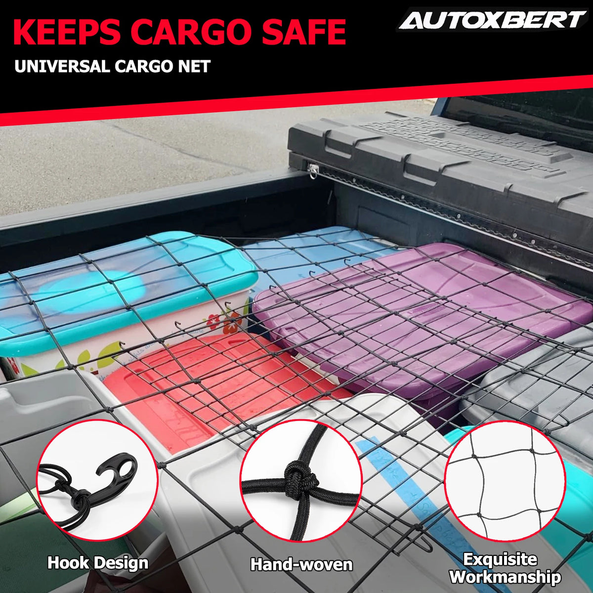 A close-up view of a heavy-duty cargo bungee net product showing various colored nets and hook designs inside a vehicle stora