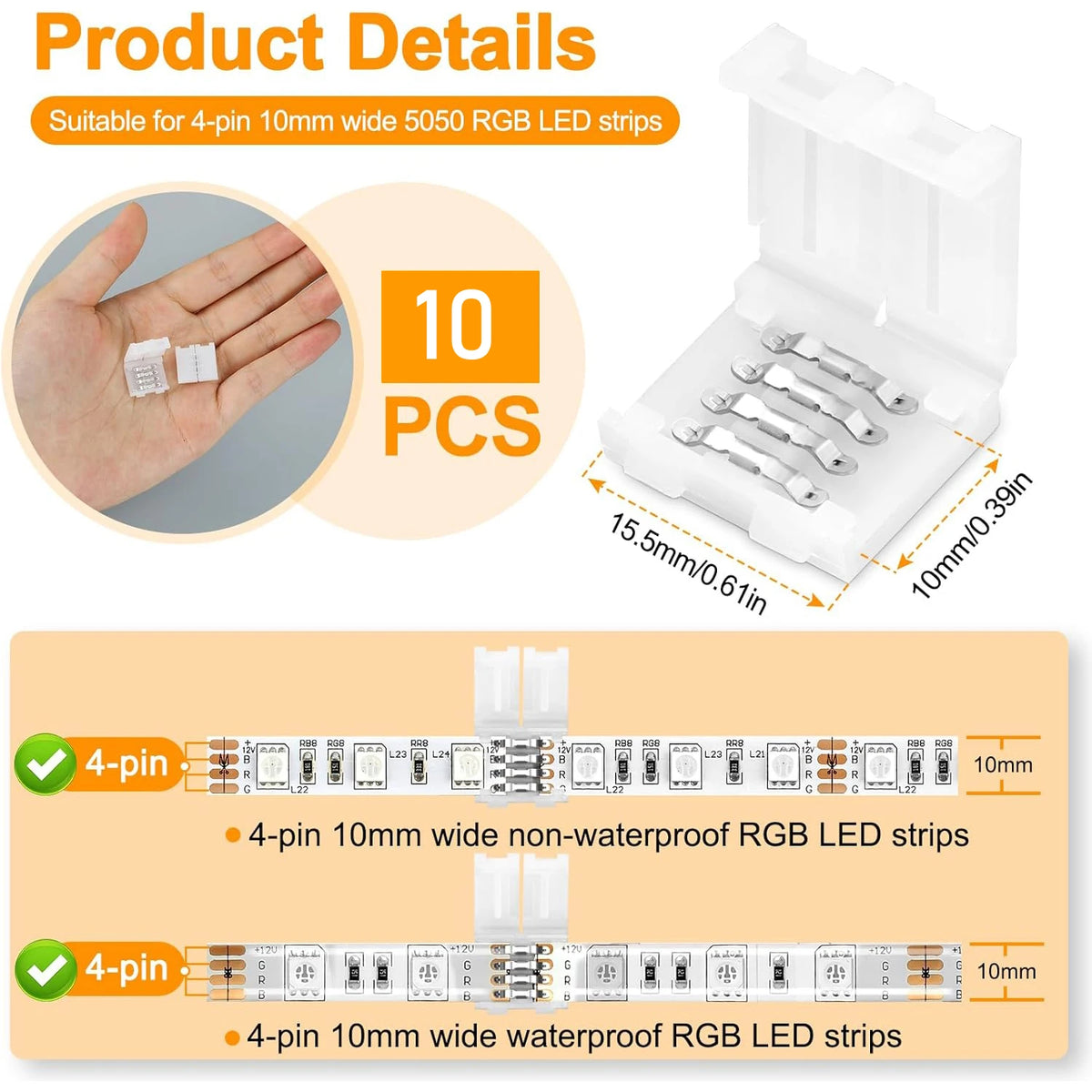 مجموعة تحتوي على عشر شرائط إضاءة LED ملونة (RGB) بقطر 10 مم، بخيارات مقاومة للماء وغير مقاومة.