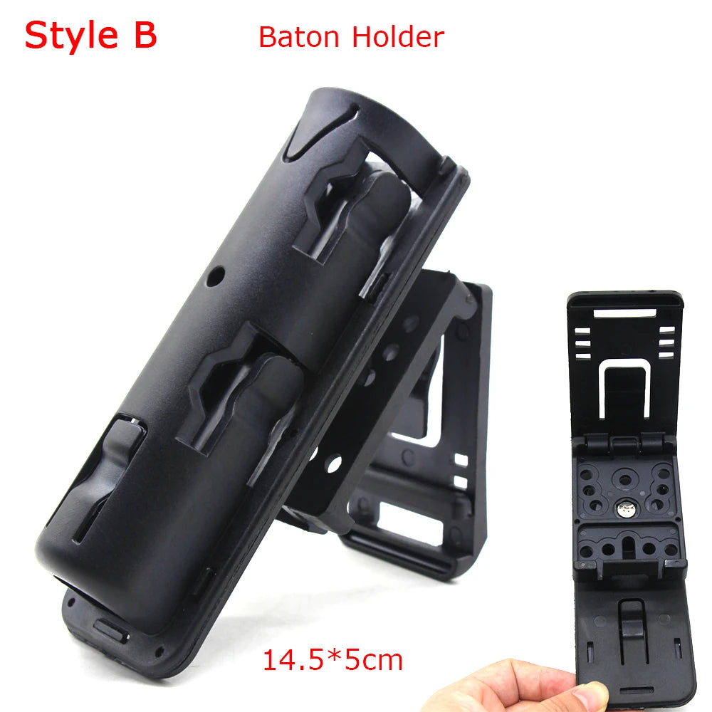 Black Style B Baton Holder for tactical equipment, shown in a close-up view.