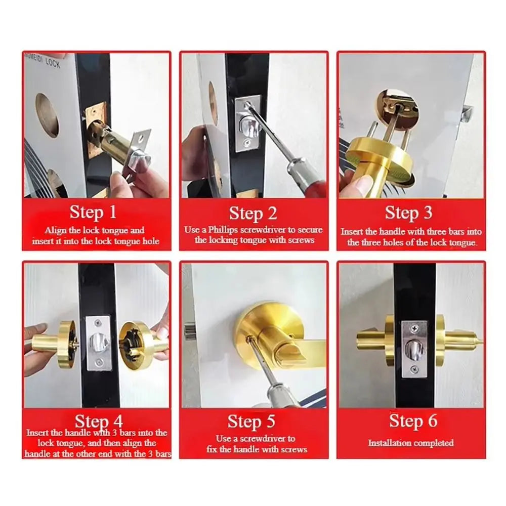 Step-by-step guide showing the installation of a three-pole spherical entry lock set on a door.