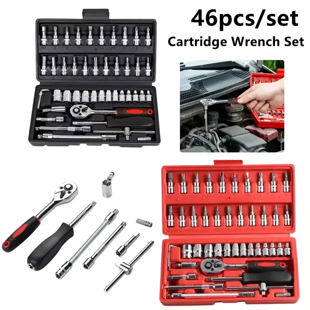 A set of 46 pieces of 1/4-inch drive metric socket wrenches and tools in a black and red case.