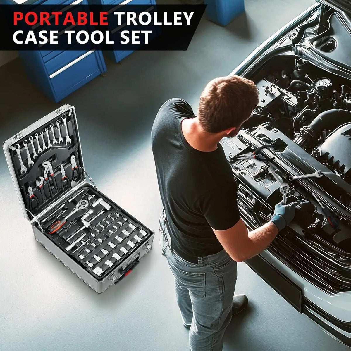A man opens a portable trolley case tool set to work on an engine component.