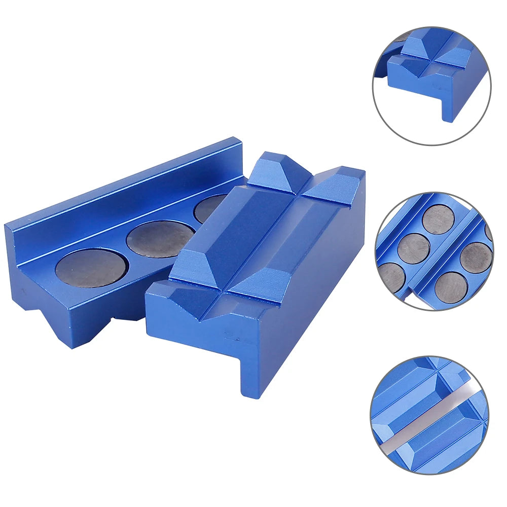 Blue aluminum magnetic vise jaw inserts with various shapes and sizes for fitting protection