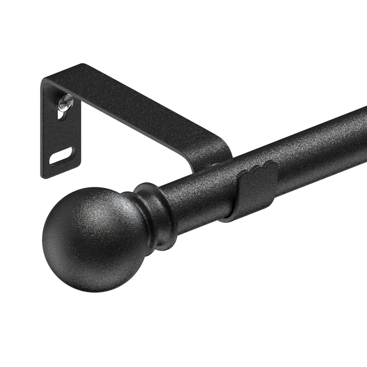 Matte black heavy duty curtain rod with a spherical finial and mounting bracket