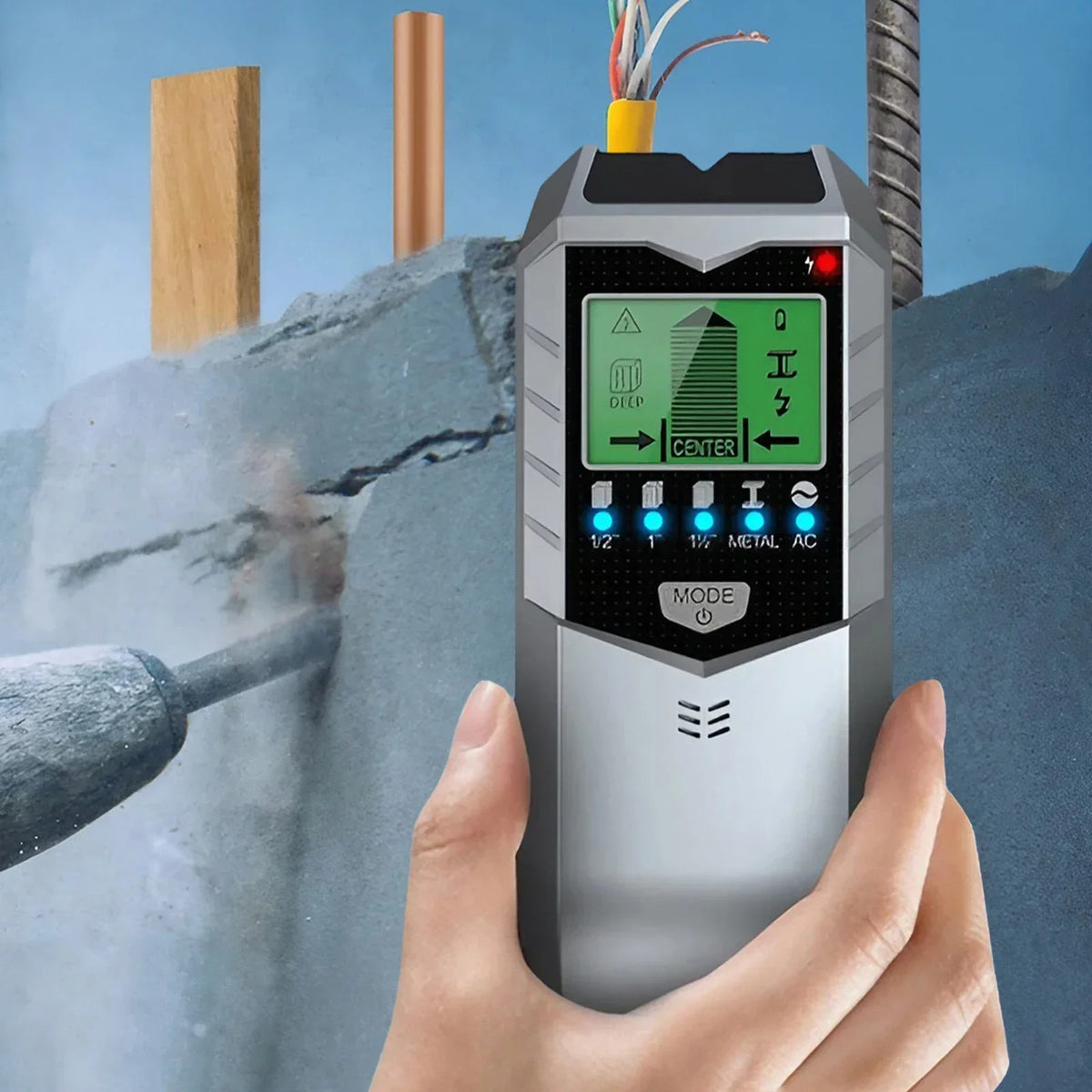 A hand holds a gray wall metal detection tool with a digital display and various detection modes against a textured wall.