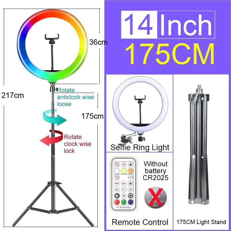 Anillo de luz profesional multifunción montado en trípode con función giratoria y control remoto.