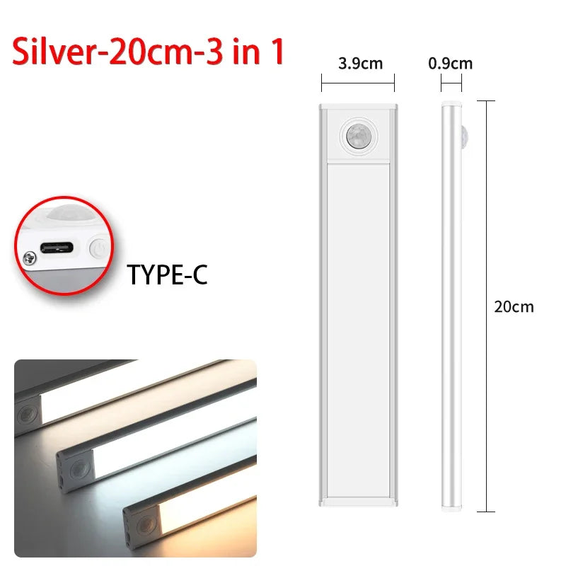 Silver 20cm 3-in-1 LED motion sensor under cabinet light with Type-C connection and adjustable height.