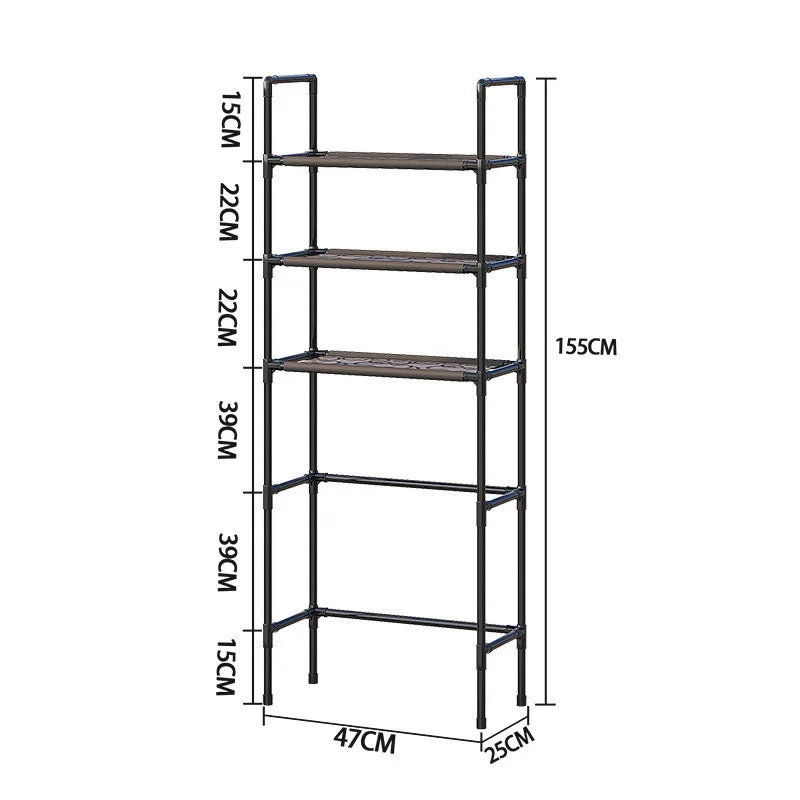 A black multi-layer bathroom storage rack with five shelves and adjustable height.